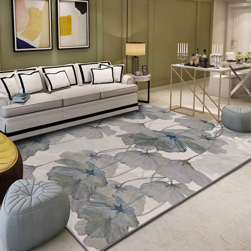 Minimalist Leaves Printed Rug Green Tone Polyester Area Carpet Non-Slip Backing Rug for Living Room