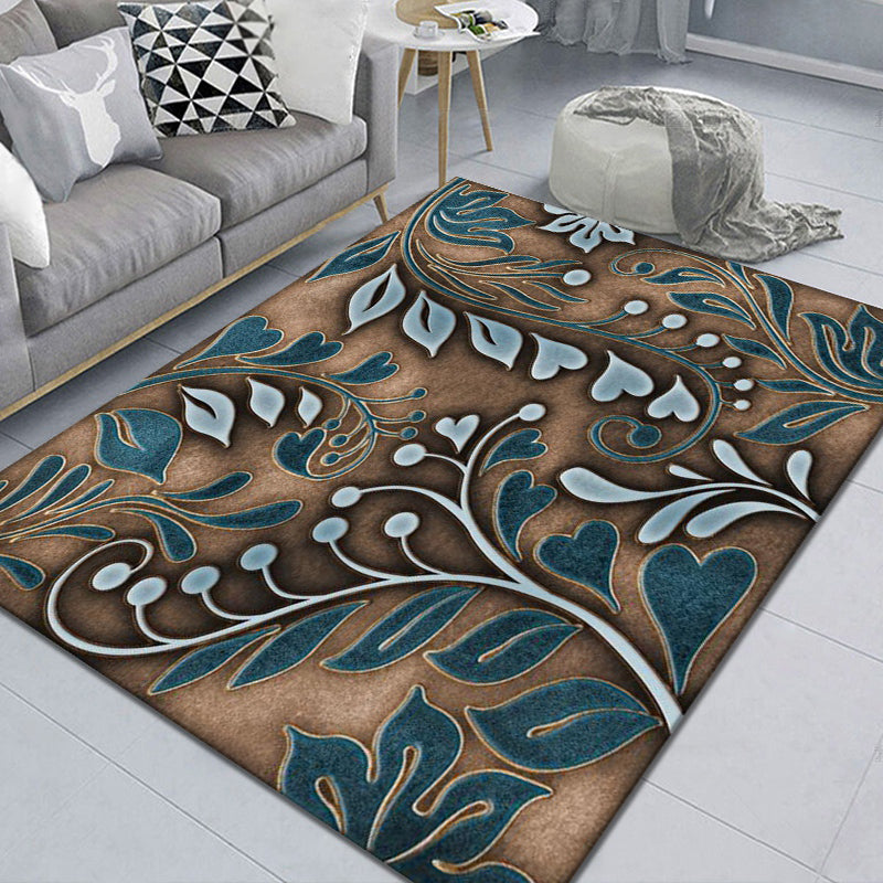 Brown Tone Modern Area Carpet Polyester Floral Pattern Indoor Rug Anti-Slip Backing Carpet for Living Room