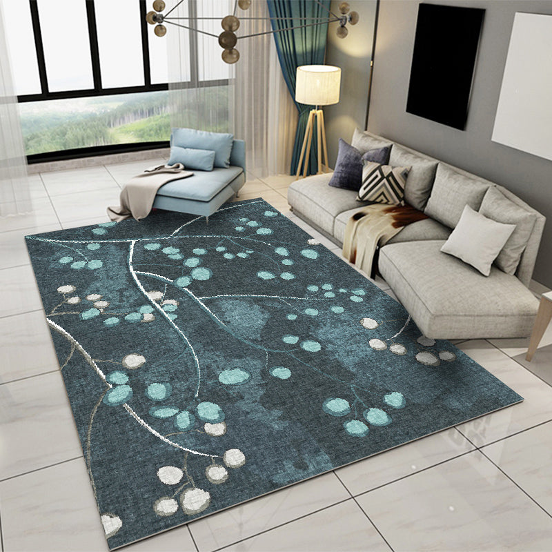 Blue Tone Modern Indoor Rug Polyester Leaves Print Carpet Easy Care Rug for Home Decoration