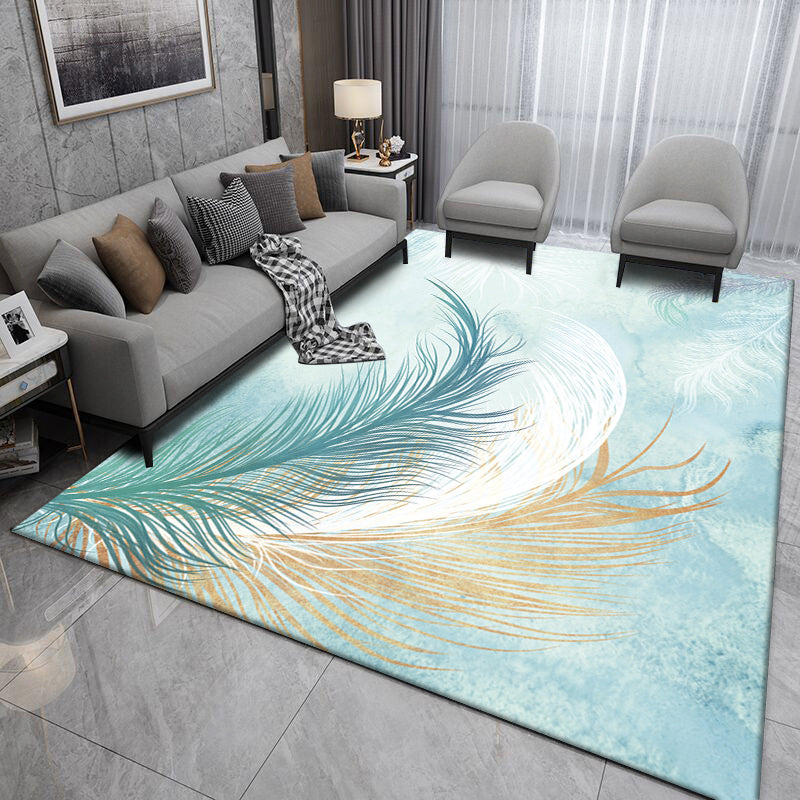 Blue Tone Modern Indoor Rug Polyester Leaves Print Carpet Easy Care Rug for Home Decoration