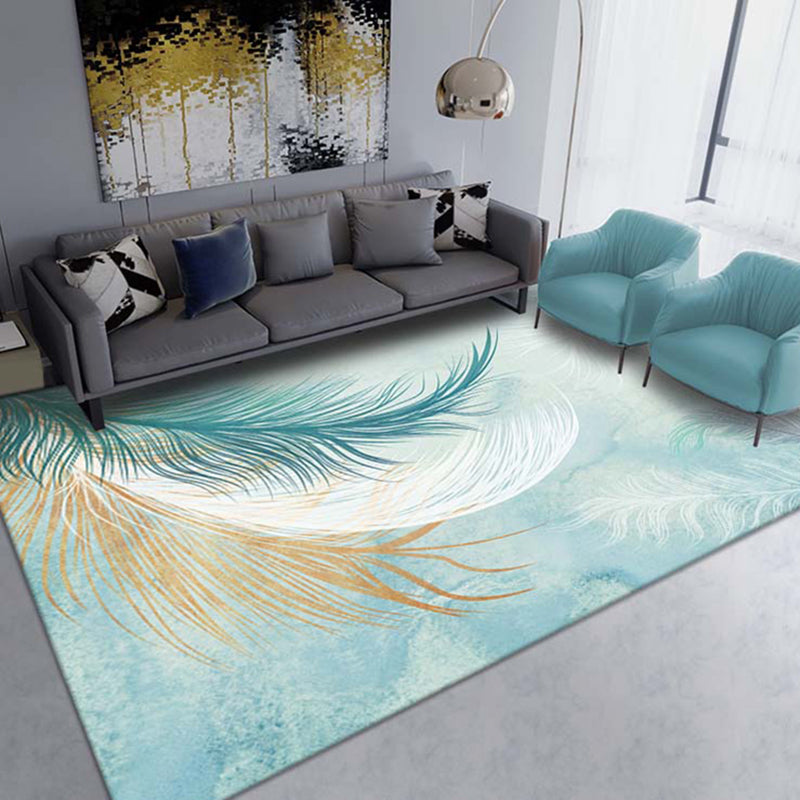 Blue Tone Modern Indoor Rug Polyester Leaves Print Carpet Easy Care Rug for Home Decoration