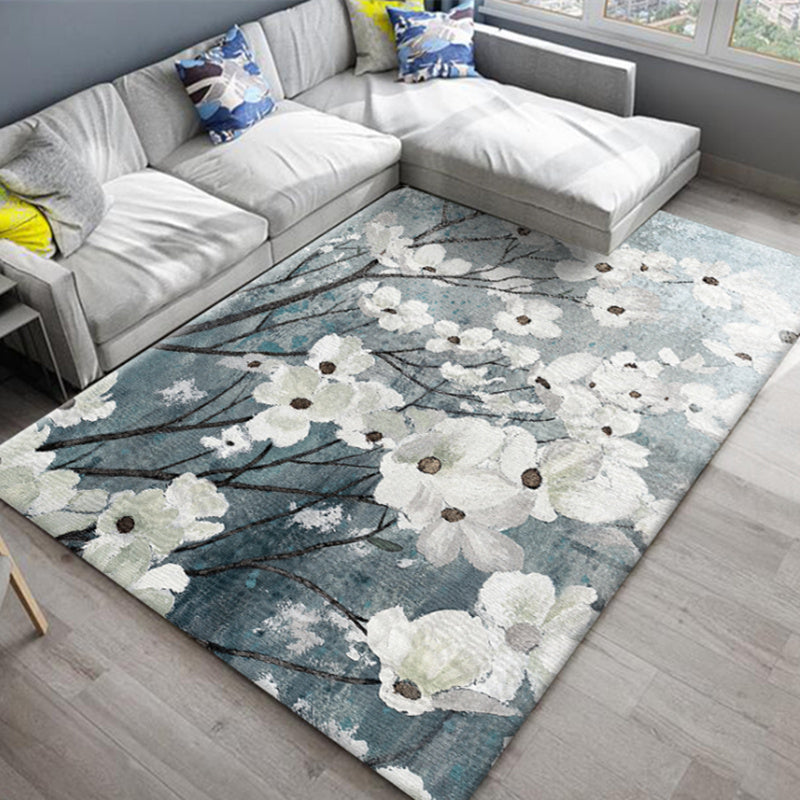 Blue Tone Modern Rug Polyester Carpet Flower Print Indoor Rug Non-Slip Backing for Living Room