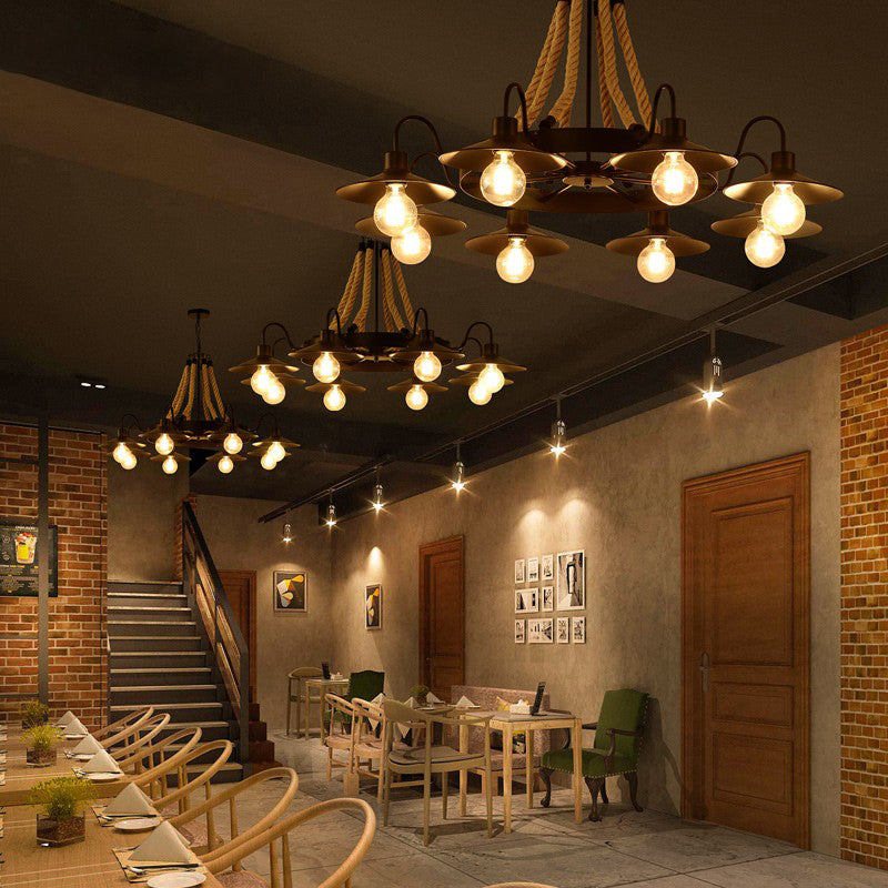 8-Lights Hemp Rope Cone-Shaped Chandelier Light Fixture Retro Restaurant Pendant Lighting Fixture in Black