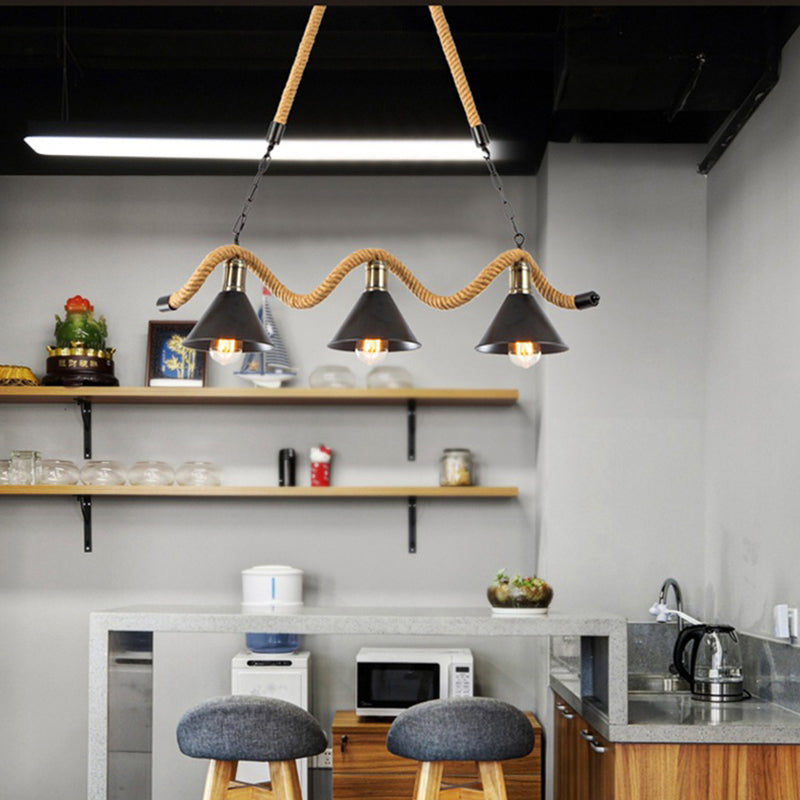 Hemp Rope Island Ceiling Light Vintage Style Restaurant Island Chandelier Light with Cone Metal Shade