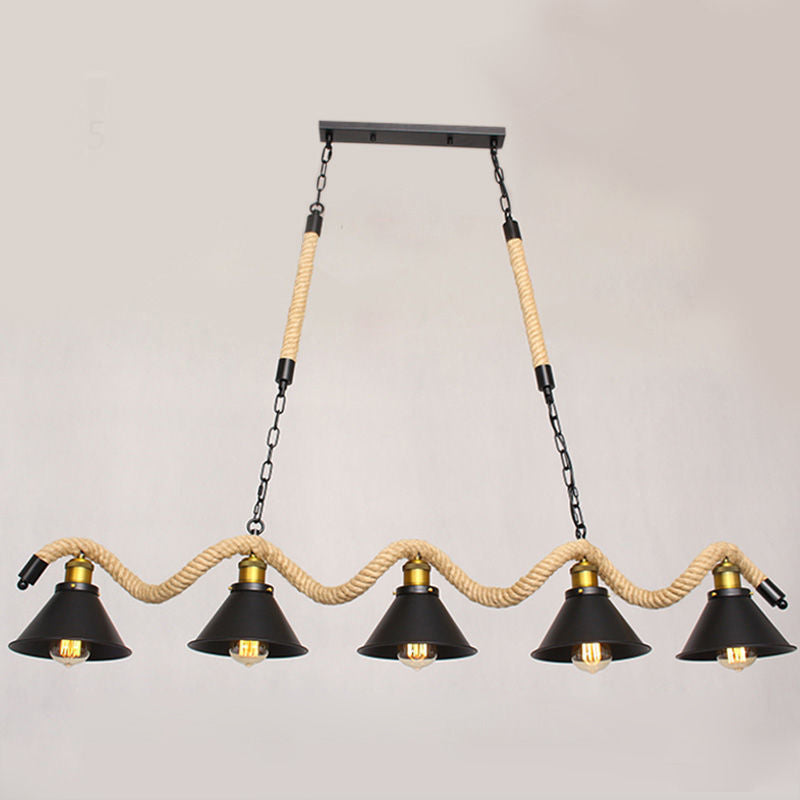 Hemp Rope Island Ceiling Light Vintage Style Restaurant Island Chandelier Light with Cone Metal Shade
