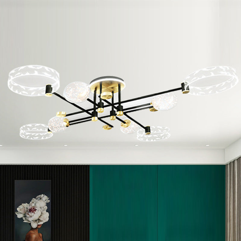 Ring and Ball Acrylic Ceiling Fixture Minimalist Black-Gold LED Semi Flush Mount Light for Living Room