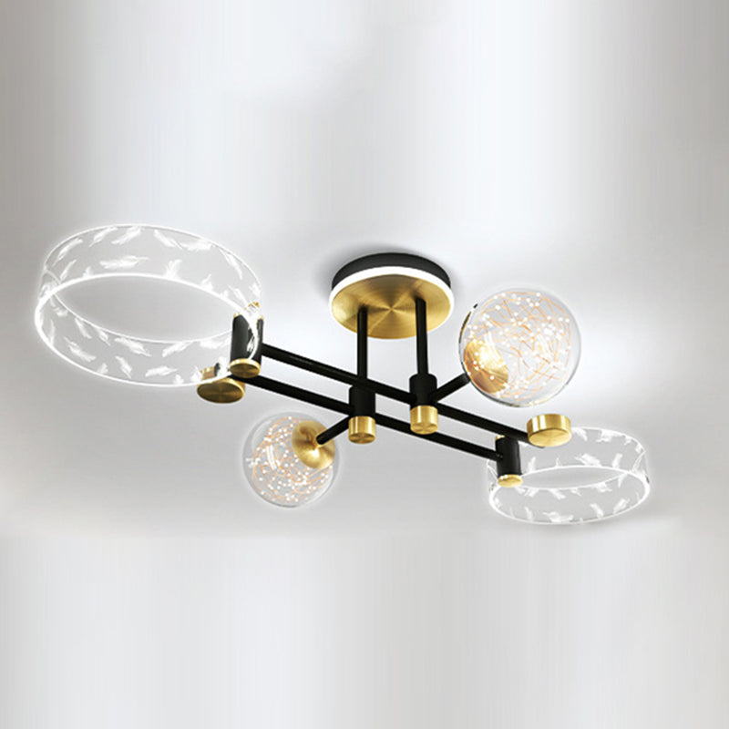 Ring and Ball Acrylic Ceiling Fixture Minimalist Black-Gold LED Semi Flush Mount Light for Living Room