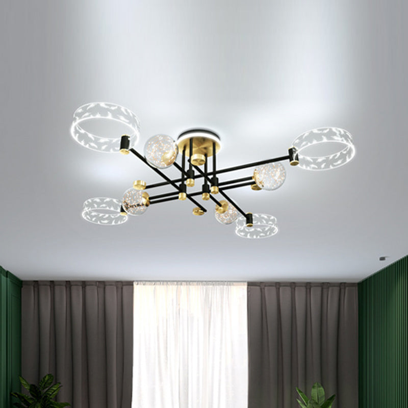 Ring and Ball Acrylic Ceiling Fixture Minimalist Black-Gold LED Semi Flush Mount Light for Living Room