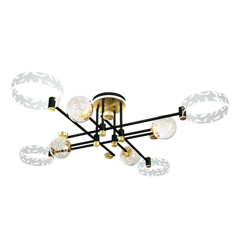 Ring and Ball Acrylic Ceiling Fixture Minimalist Black-Gold LED Semi Flush Mount Light for Living Room