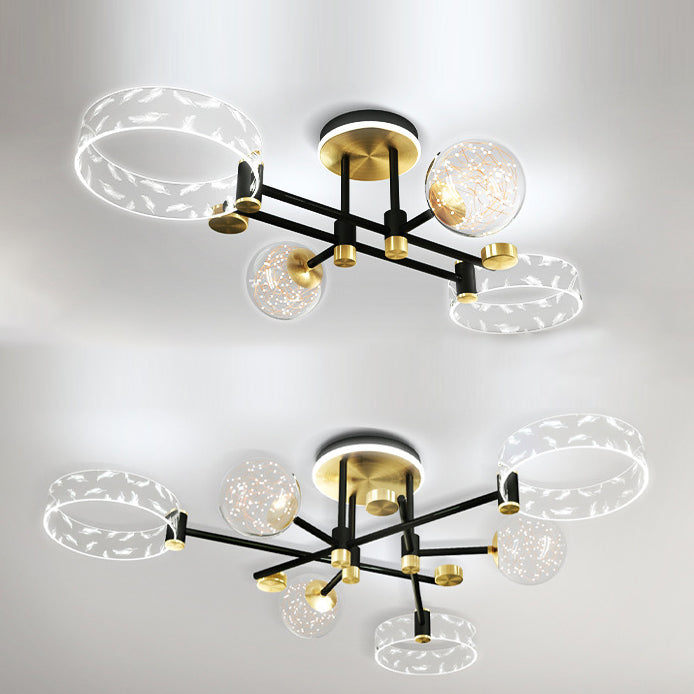 Ring and Ball Acrylic Ceiling Fixture Minimalist Black-Gold LED Semi Flush Mount Light for Living Room
