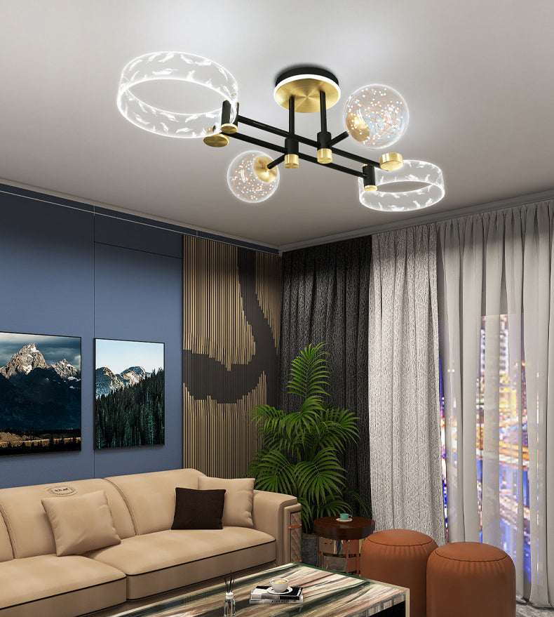 Ring and Ball Acrylic Ceiling Fixture Minimalist Black-Gold LED Semi Flush Mount Light for Living Room