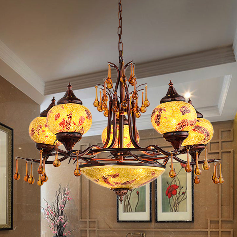 Blue/Yellow 8 Lights Chandelier Lighting Fixture Moroccan Stained Glass Globe Hanging Ceiling Light