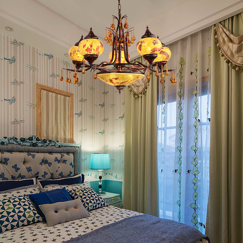 Blue/Yellow 8 Lights Chandelier Lighting Fixture Moroccan Stained Glass Globe Hanging Ceiling Light
