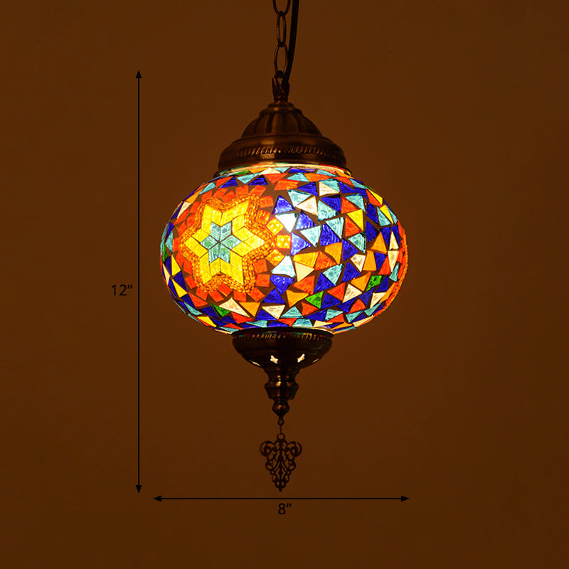 Stained Glass Spherical Hanging Light Vintage 1 Light Living Room Drop Pendant in Red/Blue/Yellow