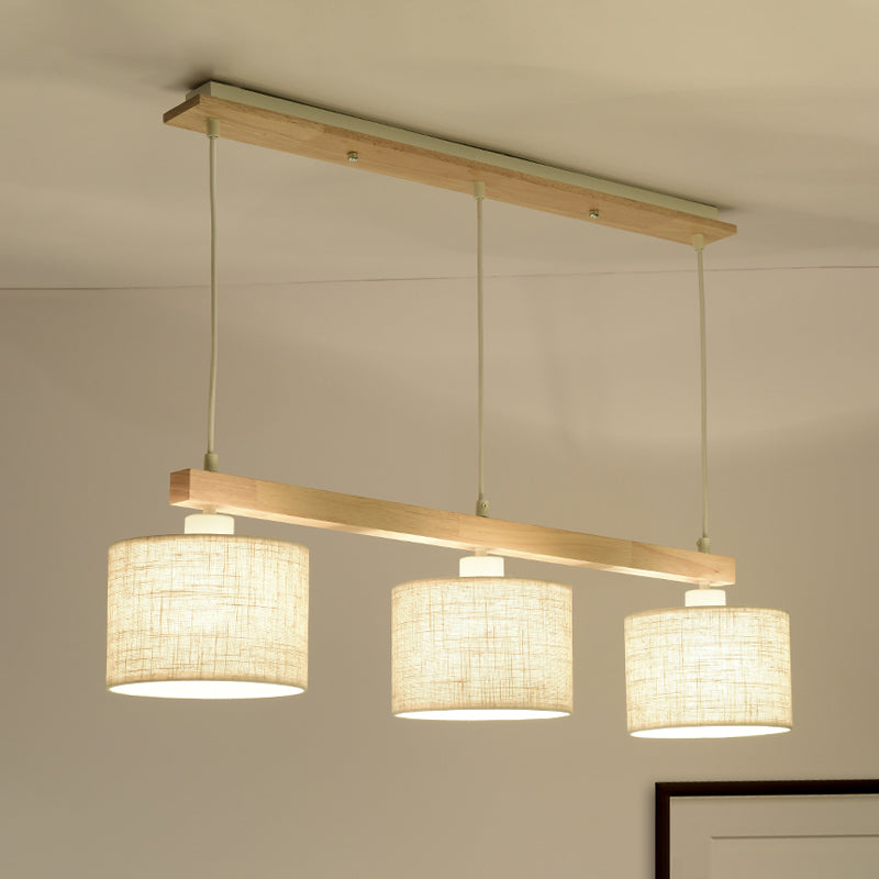 Simple Style 3 Heads Flaxen Square/Drum Island Pendant Light with Fabric Shade for Dining Room