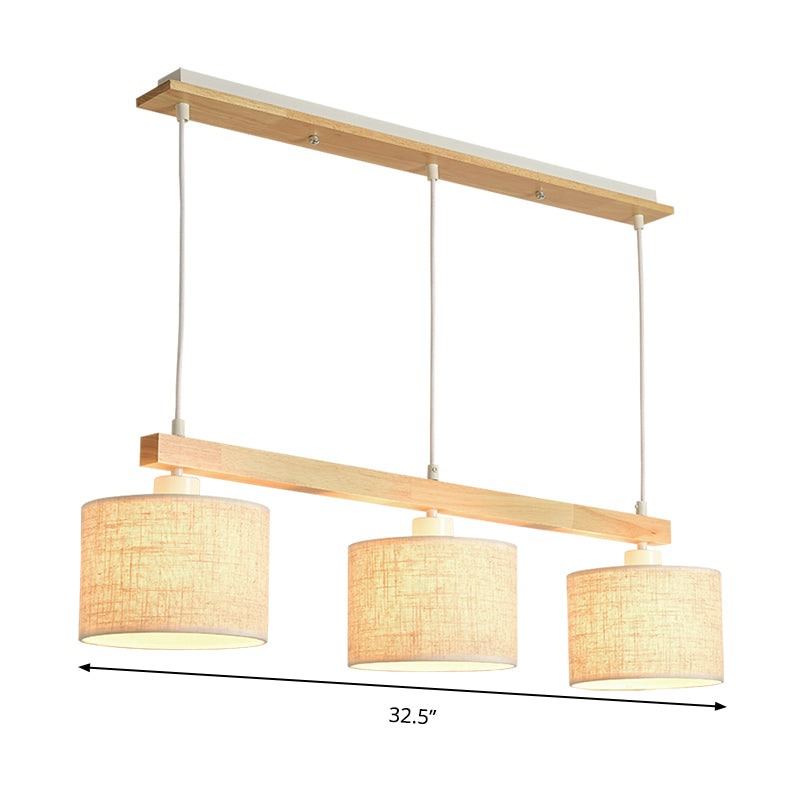 Simple Style 3 Heads Flaxen Square/Drum Island Pendant Light with Fabric Shade for Dining Room