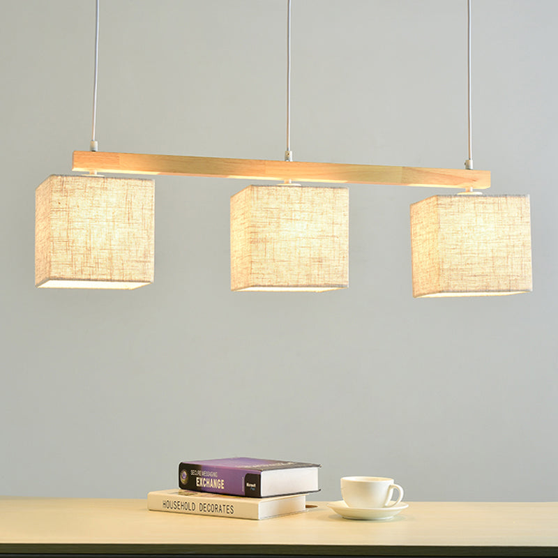Simple Style 3 Heads Flaxen Square/Drum Island Pendant Light with Fabric Shade for Dining Room