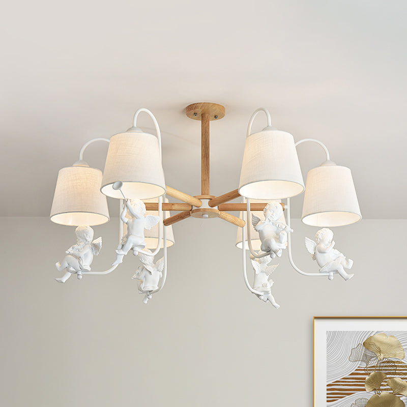 White Barrel Chandelier Lamp Contemporary 6 Heads Fabric Suspension Light with Angel Decoration