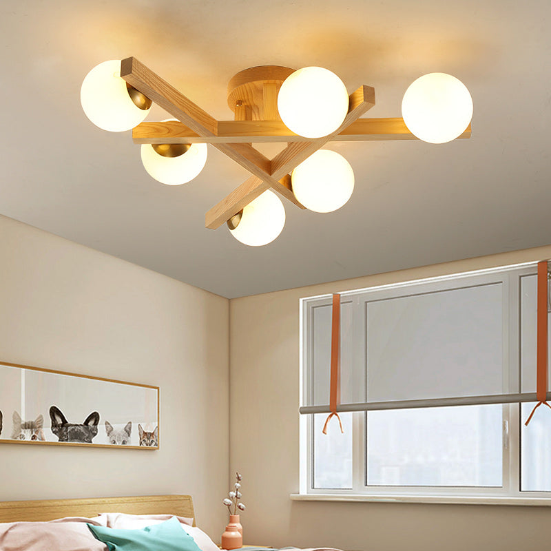 Log Color Sputnik LED Semi Flush Mount in Modern Luxury Style Wooden Ceiling Light with Opal Glass Shade