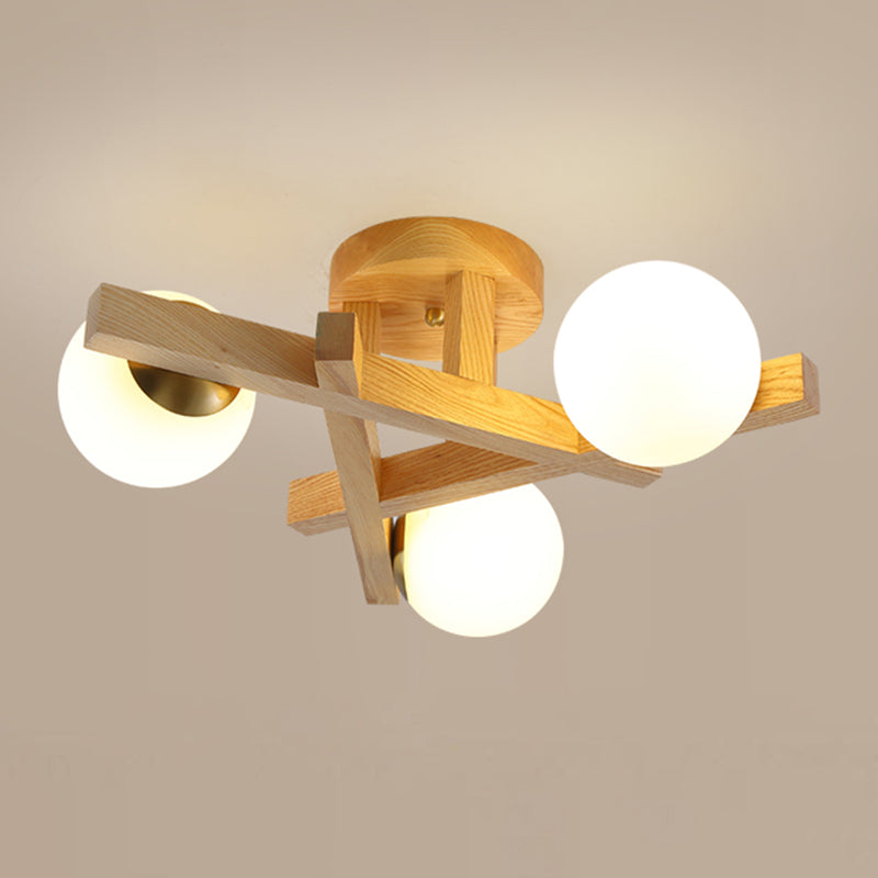Log Color Sputnik LED Semi Flush Mount in Modern Luxury Style Wooden Ceiling Light with Opal Glass Shade