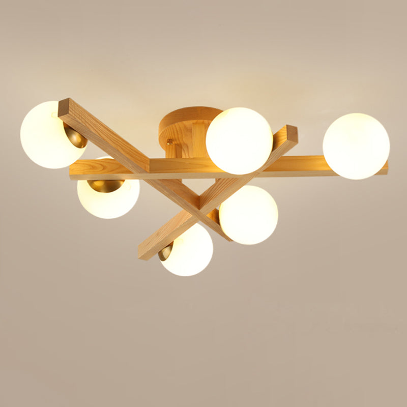 Log Color Sputnik LED Semi Flush Mount in Modern Luxury Style Wooden Ceiling Light with Opal Glass Shade