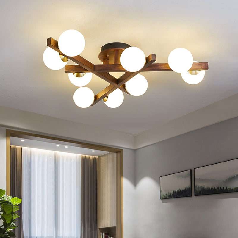 Log Color Sputnik LED Semi Flush Mount in Modern Luxury Style Wooden Ceiling Light with Opal Glass Shade