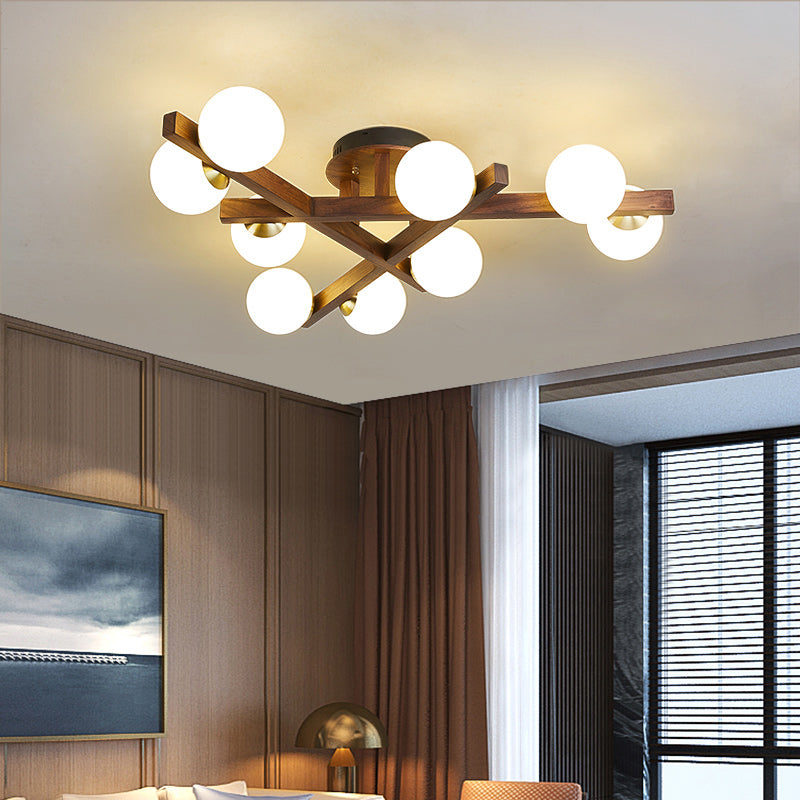 Log Color Sputnik LED Semi Flush Mount in Modern Luxury Style Wooden Ceiling Light with Opal Glass Shade