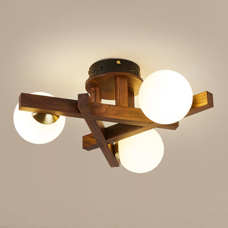 Log Color Sputnik LED Semi Flush Mount in Modern Luxury Style Wooden Ceiling Light with Opal Glass Shade