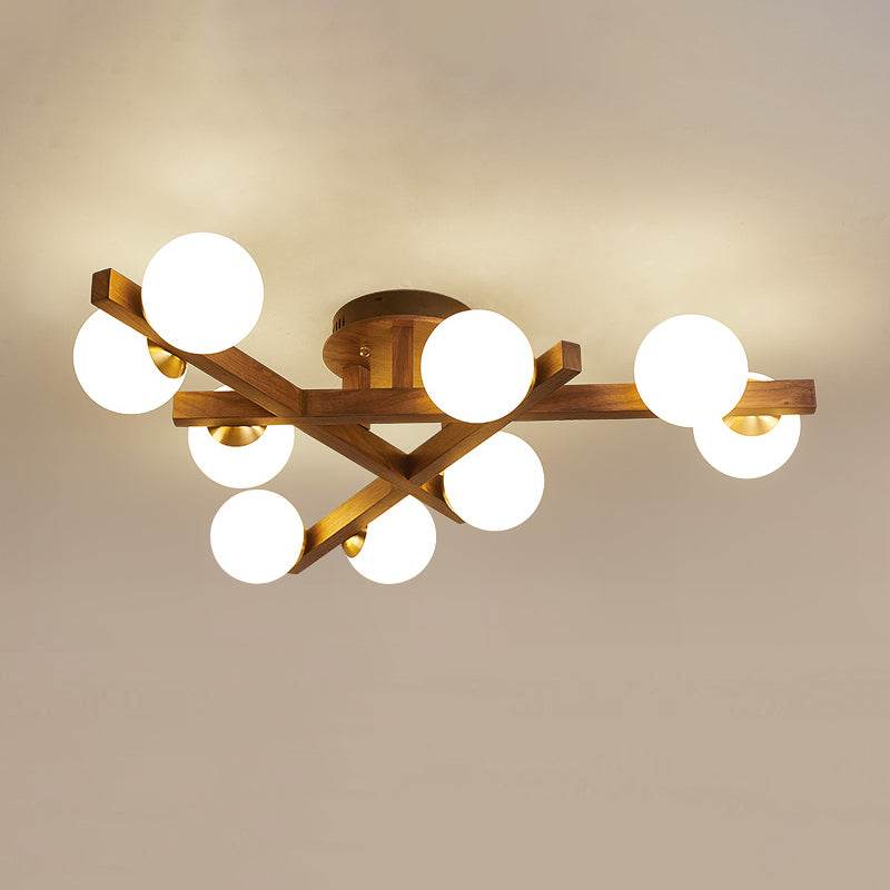 Log Color Sputnik LED Semi Flush Mount in Modern Luxury Style Wooden Ceiling Light with Opal Glass Shade