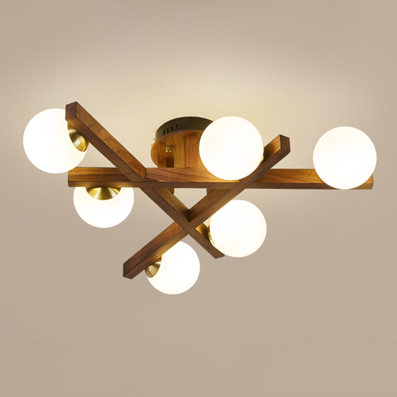 Log Color Sputnik LED Semi Flush Mount in Modern Luxury Style Wooden Ceiling Light with Opal Glass Shade