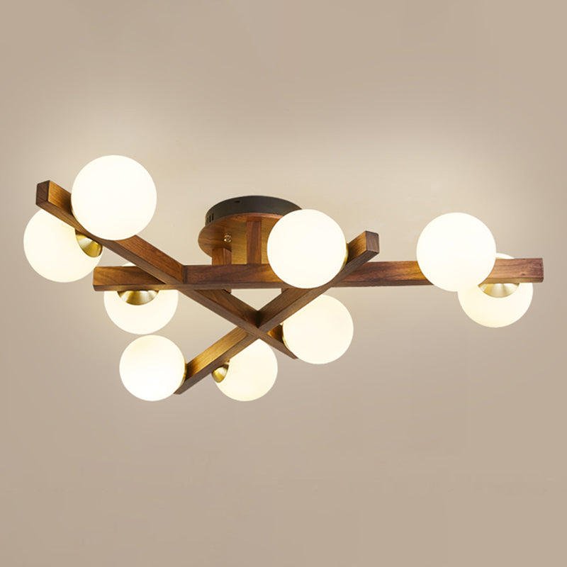 Log Color Sputnik LED Semi Flush Mount in Modern Luxury Style Wooden Ceiling Light with Opal Glass Shade