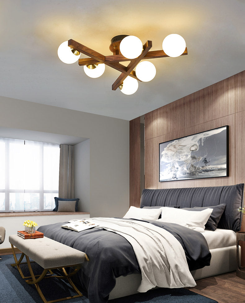 Log Color Sputnik LED Semi Flush Mount in Modern Luxury Style Wooden Ceiling Light with Opal Glass Shade