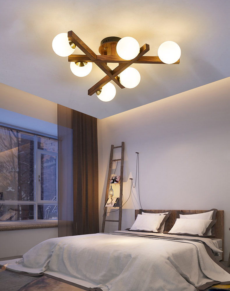 Log Color Sputnik LED Semi Flush Mount in Modern Luxury Style Wooden Ceiling Light with Opal Glass Shade