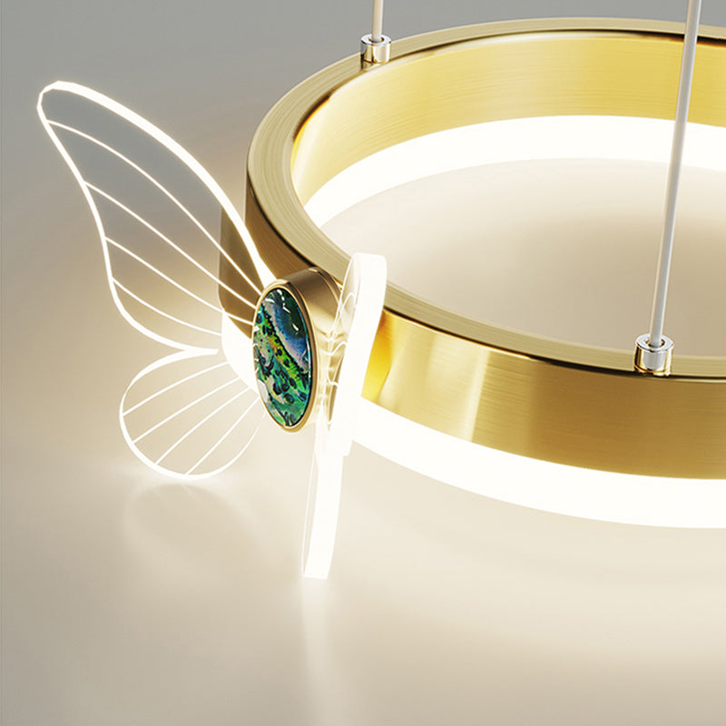 Brass Ring LED Pendant Minimalist Metal Hanging Light with Butterfly Decoration