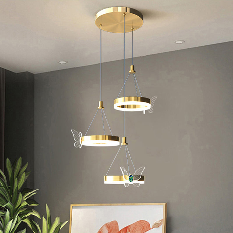 Brass Ring LED Pendant Minimalist Metal Hanging Light with Butterfly Decoration
