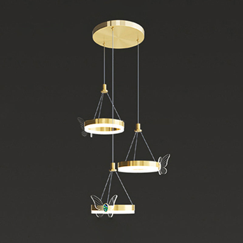 Brass Ring LED Pendant Minimalist Metal Hanging Light with Butterfly Decoration