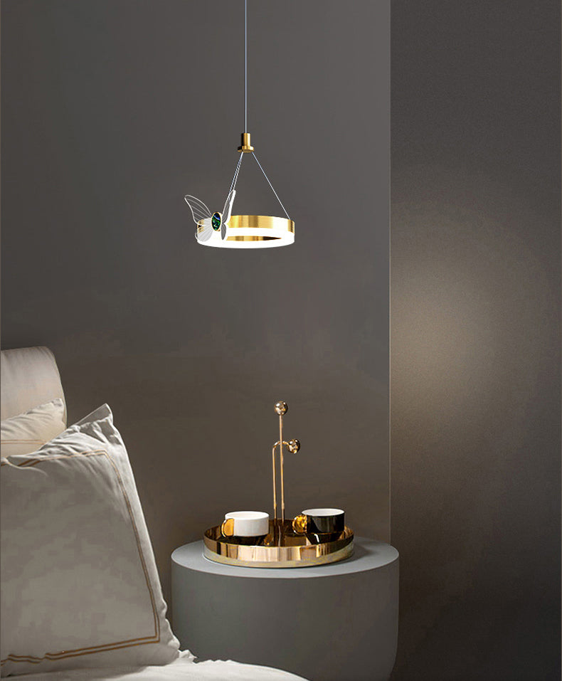 Brass Ring LED Pendant Minimalist Metal Hanging Light with Butterfly Decoration