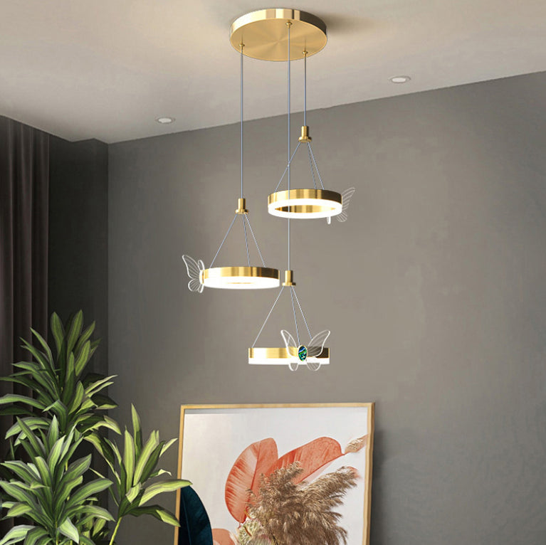 Brass Ring LED Pendant Minimalist Metal Hanging Light with Butterfly Decoration