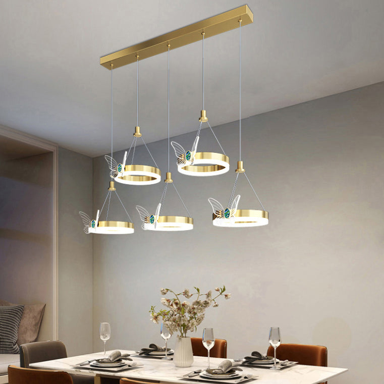 Brass Ring LED Pendant Minimalist Metal Hanging Light with Butterfly Decoration