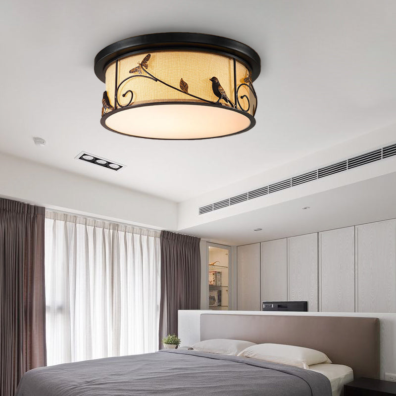 Fijación incorporada de tambor negro, luz de techo LED de la Sala de estar de tejido rural, con pájaro / ciervo Dec