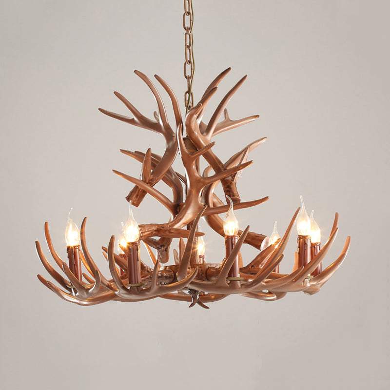 9 Heads Antler Plafond Chandelier Farmhouse Resin Brown Resin Éclairage en suspension pour restaurant, 23 "/ 27" de large