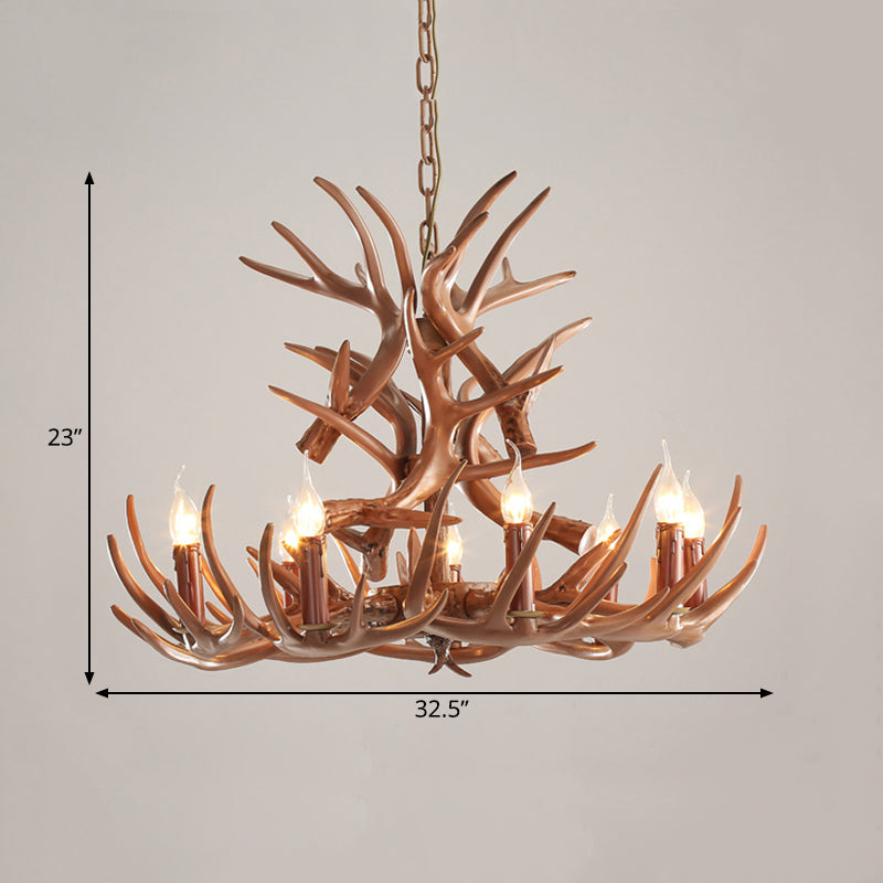 9 Heads Antler Plafond Chandelier Farmhouse Resin Brown Resin Éclairage en suspension pour restaurant, 23 "/ 27" de large