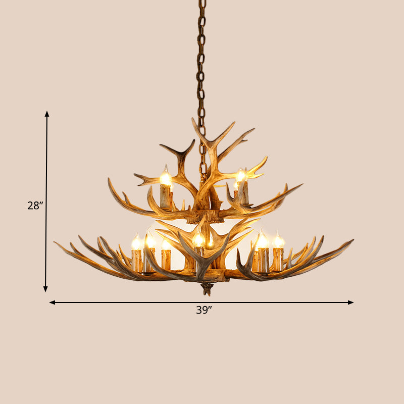 Forme de bougie en résine Sanging Chandelier Farmhouse 12 bulbes Restaurant suspension Pendant Light in Brown