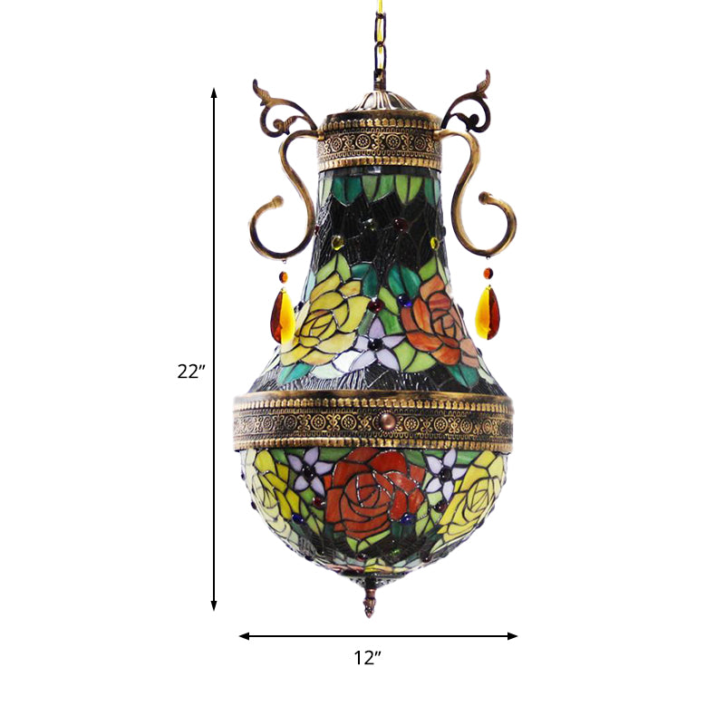 Dragonfly Chandelier 6 Lights Stained Glass Tiffany Pendant Lighting in Red/Yellow/Green for Dining Room