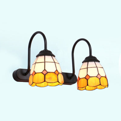 2 Heads Grid Patterned Vanity Lighting Baroque Blue/Yellow Glass Wall Mount Light Fixture