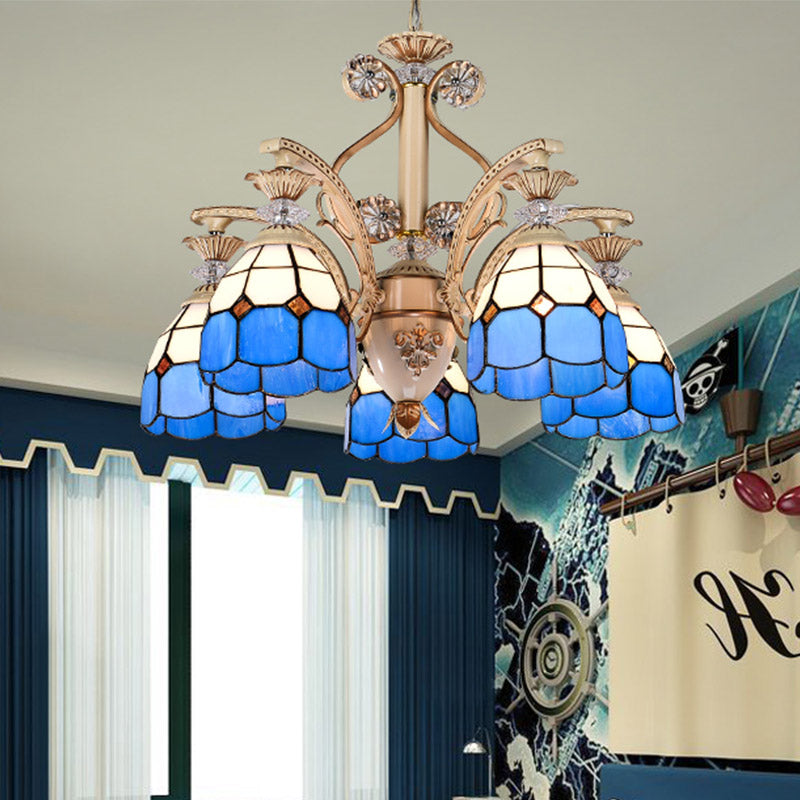 Baroque Dome Shape Chandelier Light 5/9/11 Lights Cut Glass Pendant Lighting Fixture in Blue, 23.5"/31.5"/35.5" Wide