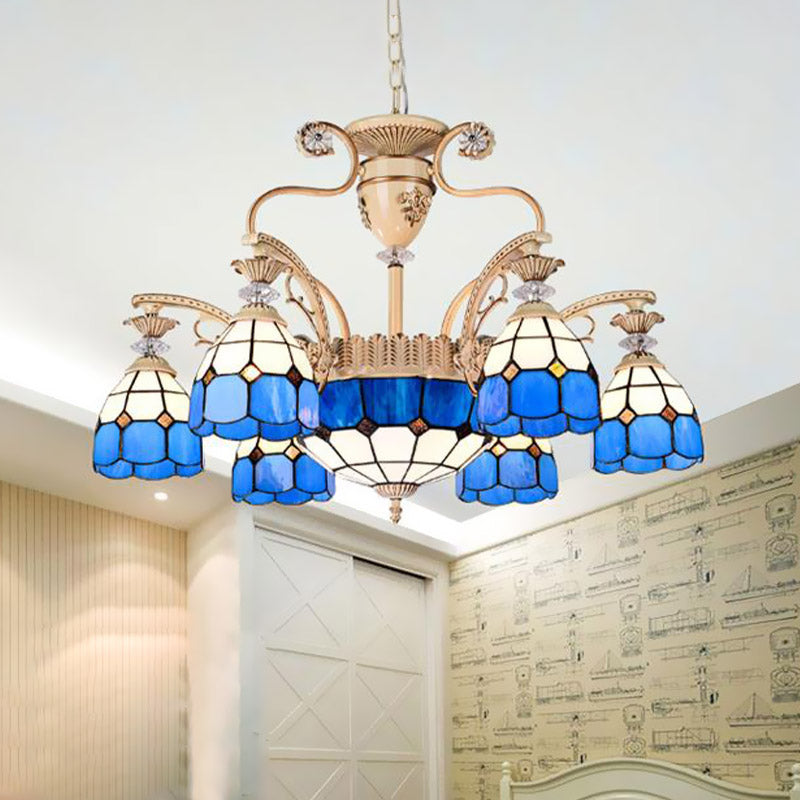 Baroque Dome Shape Chandelier Light 5/9/11 Lights Cut Glass Pendant Lighting Fixture in Blue, 23.5"/31.5"/35.5" Wide