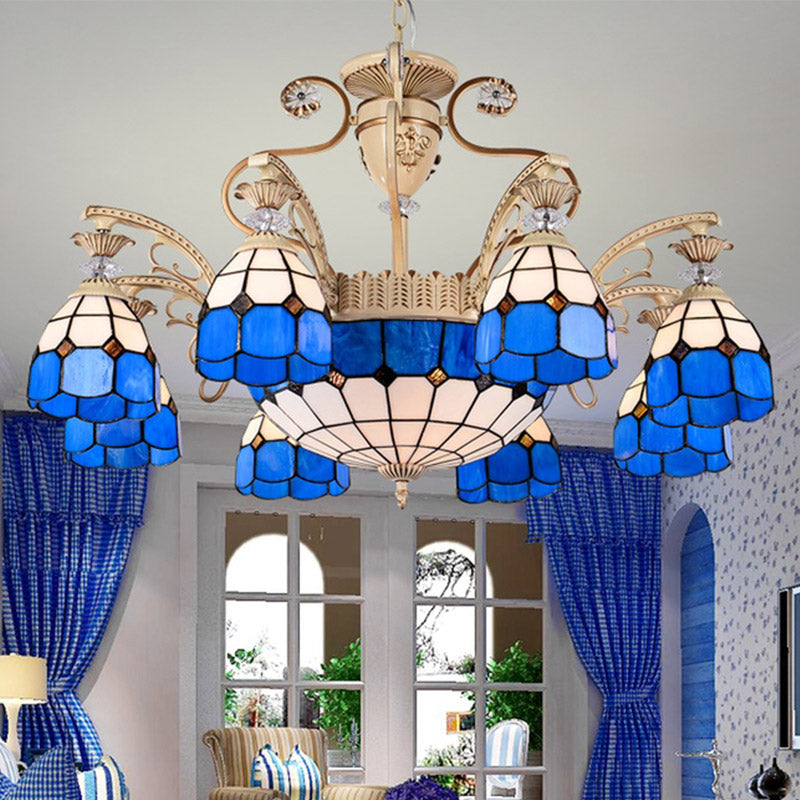 Baroque Dome Shape Chandelier Light 5/9/11 Lights Cut Glass Pendant Lighting Fixture in Blue, 23.5"/31.5"/35.5" Wide
