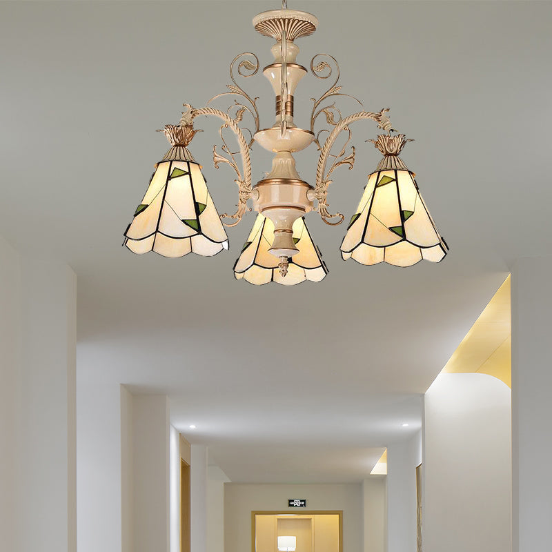 3/5 Lights Chandelier Lighting Fixture Baroque Stained Glass Drop Lamp in White and Gold