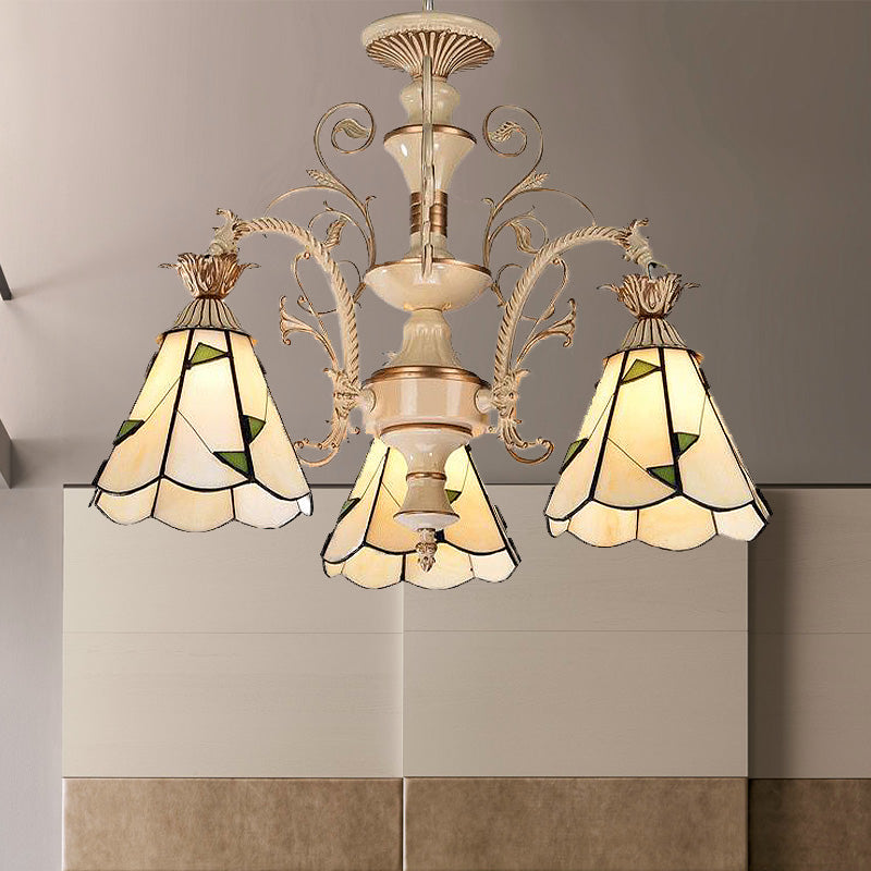 3/5 Lights Chandelier Lighting Fixture Baroque Stained Glass Drop Lamp in White and Gold